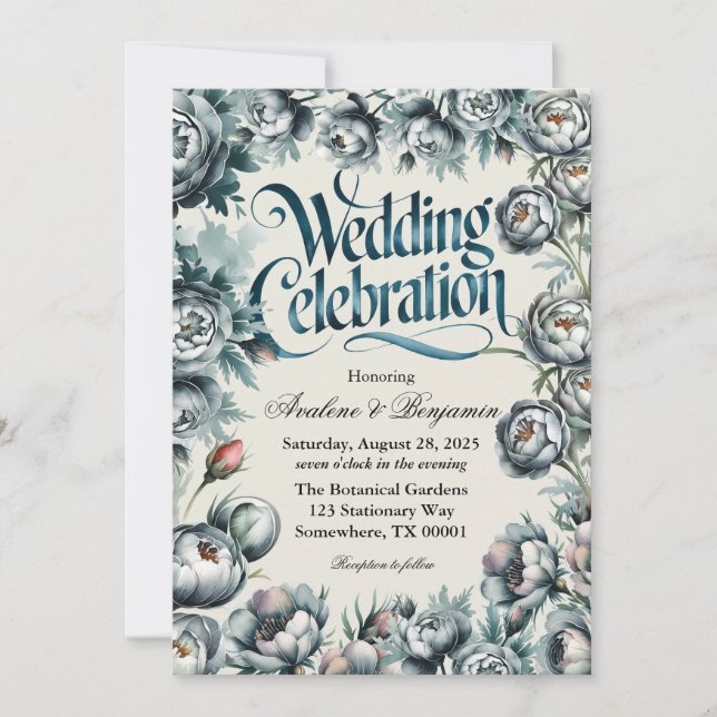 Invitation Elégante Bouquet vert et gris Mariage Célébration (Devant)