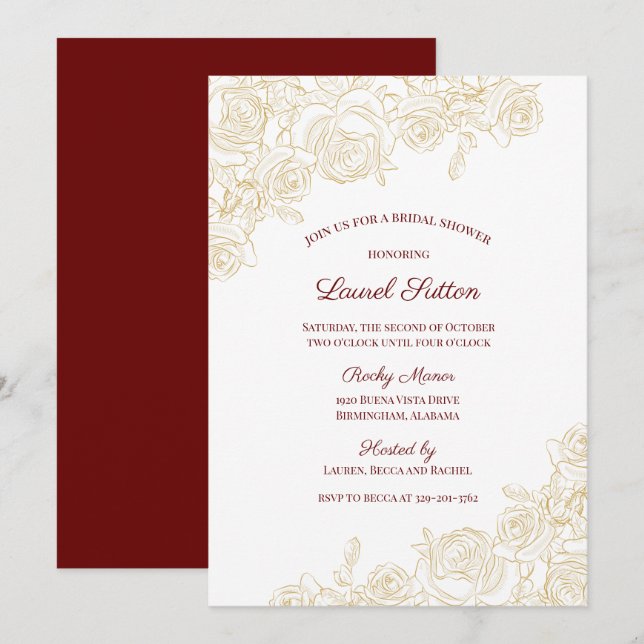 Invitation Elégante Bourgogne et Fête des mariées Rose d'or (Devant / Derrière)