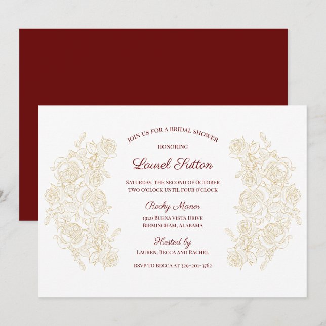 Invitation Elégante Bourgogne et Fête des mariées Rose d'or (Devant / Derrière)