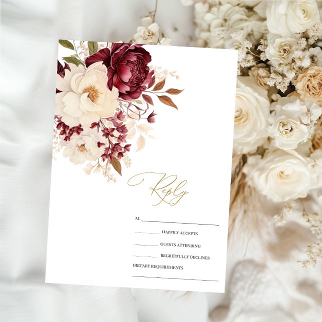 Invitation Elégante Bourgogne Fleurs blanches RSVP (Créateur téléchargé)