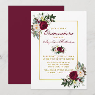 Invitation Elégante Bourgogne Floral Greenery Gold Quinceaner