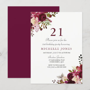 Invitation Élégante Bourgogne Florale 21ème anniversaire Invi