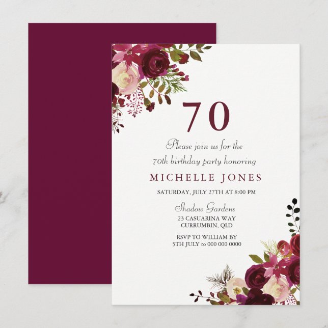 Invitation Elégante Bourgogne Florale 70e anniversaire Invita (Devant / Derrière)