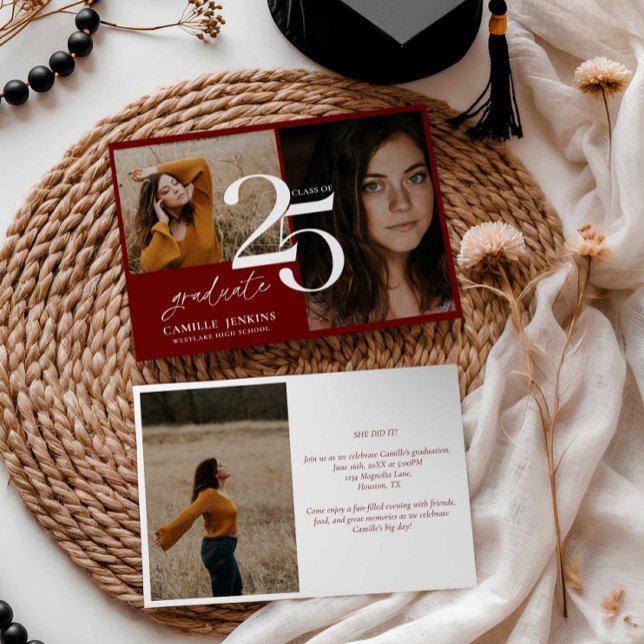Invitation Élégante Bourgogne Graduation Class 2025 Party (Burgundy Graduation Photo Card)