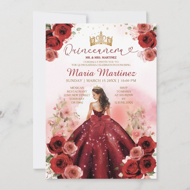 Invitation Elégante Bourgogne Rouge Princesse Fleurs Quinceañ (Devant)