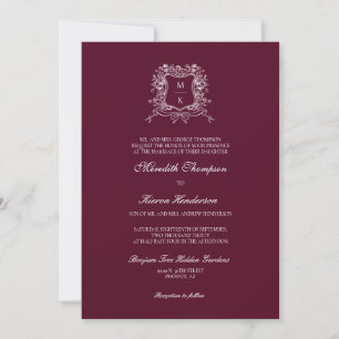 Invitation Élégante Bourgogne Vintage Crest Boho QR Code Phot