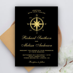 Invitation Élégante boussole nautique noire et or pour mariag