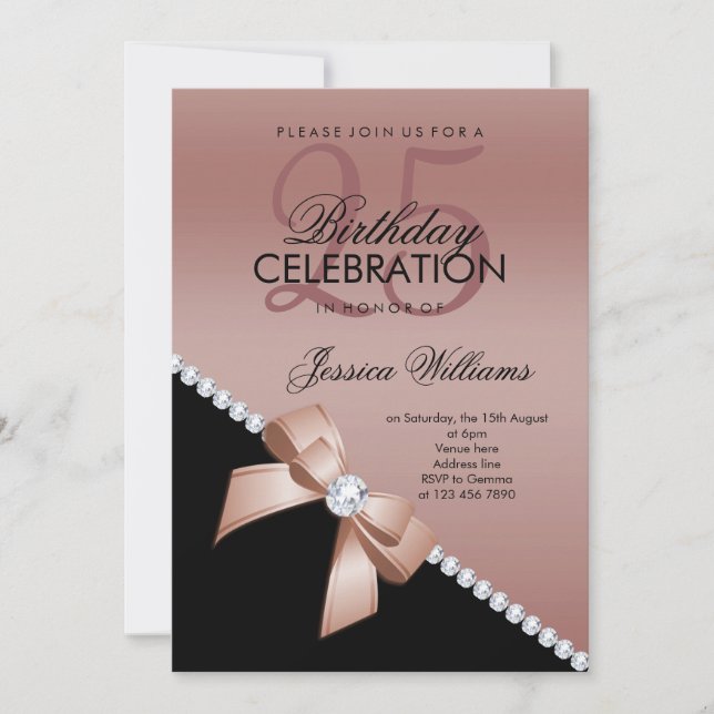 Invitation Elégante Bow Diamond, Or Rose & Noir Anniversaire (Devant)