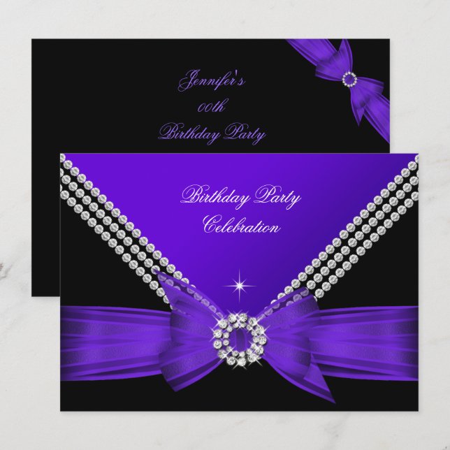 Invitation Élégante Bow Diamond violet fête d'anniversaire 2 (Devant / Derrière)