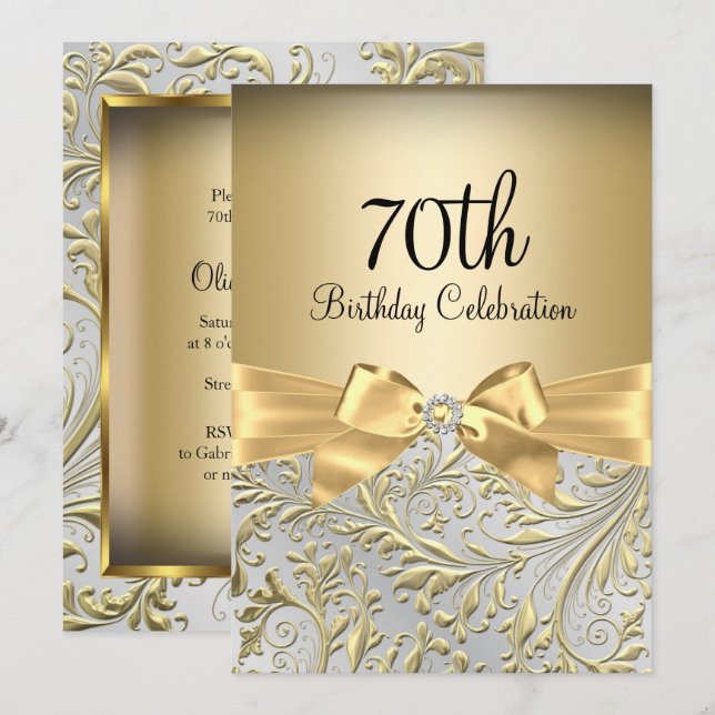 Invitation Élégante Bow or florale tourbillon 70e fête d'anni (Devant / Derrière)