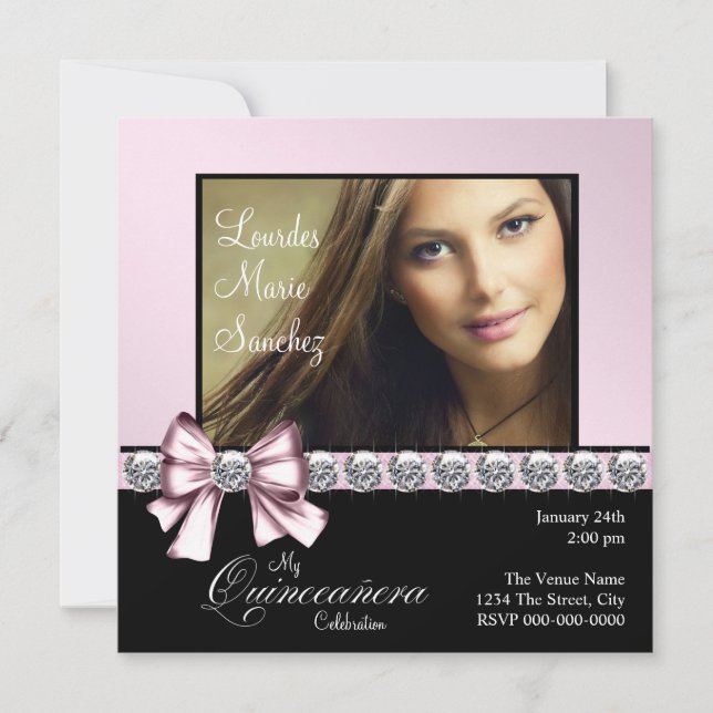 Invitation Elégante Bow rose Diamant Photo Quinceanera (Devant)