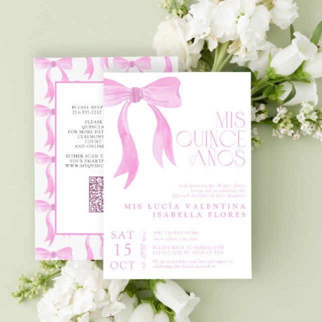 Invitation Elégante Bow rose QR Mis Quince Años Quinceañera (Créateur téléchargé)