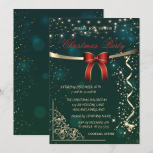 Invitation Elégante Bow rouge, Confetti Green Christmas Party