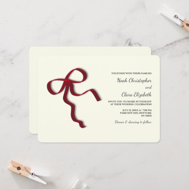 Invitation Elégante Bow rouge dessinée à la main - minimalist (Devant/Arrière en situation)