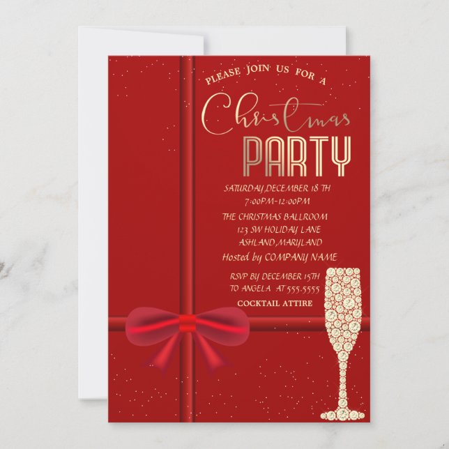 Invitation Elégante Bow rouge, Société de Noël en verre de ch (Devant)