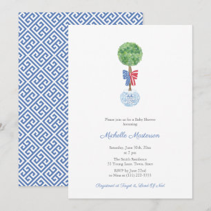 Invitation Élégante Boxwood Red Blue Bow Boy Baby shower Part