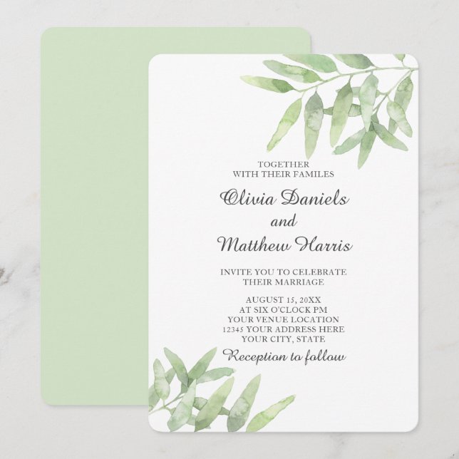 Invitation Élégante Branche D'Olivier. Mariage simple botaniq (Devant / Derrière)