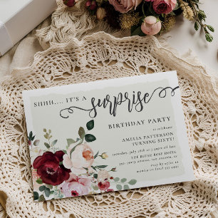 Invitation Élégante Burgundy & Blush Floral Surprise Annivers