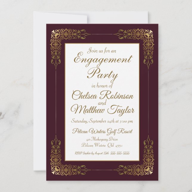 Invitation Elégante Burgundy Gold Lace Frame Engagement Party (Devant)