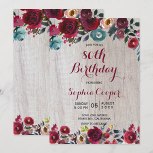 Invitation Elégante Burgundy Navy Floral 80e Anniversaire