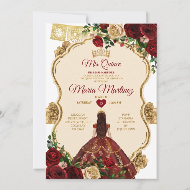 Invitation Elégante Burgundy Rose Princesse Gold Quinceañera (Devant)