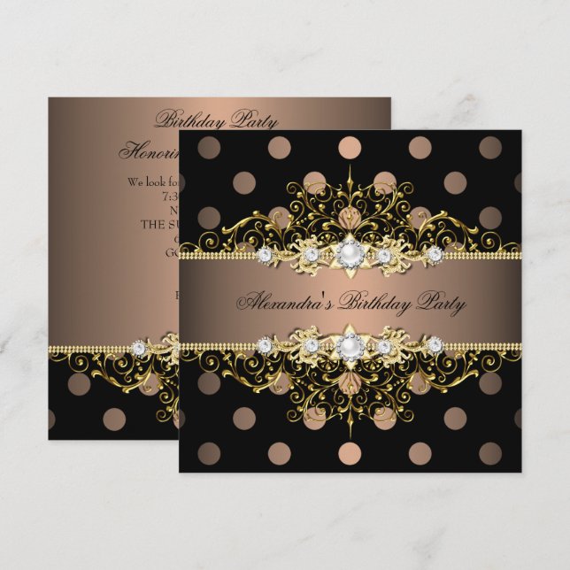 Invitation Elégante Café Gold Black Polka Dot Anniversaire (Devant / Derrière)