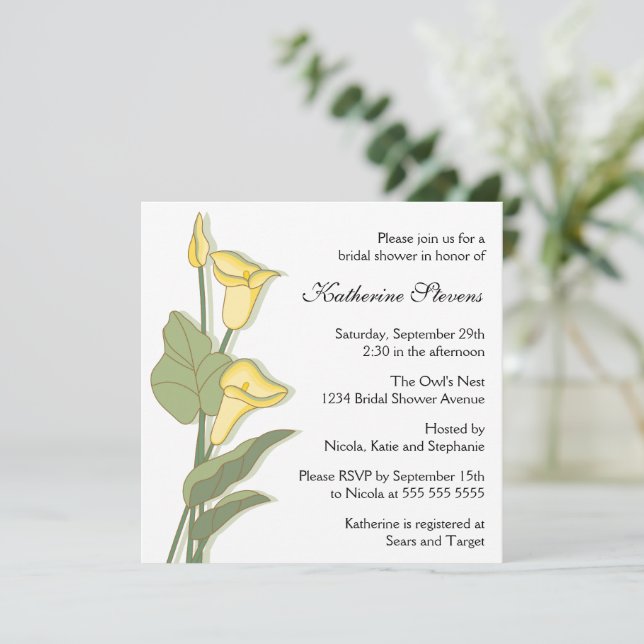 Invitation Elégante Calla Lily en Fête des mariées jaune (Debout devant)