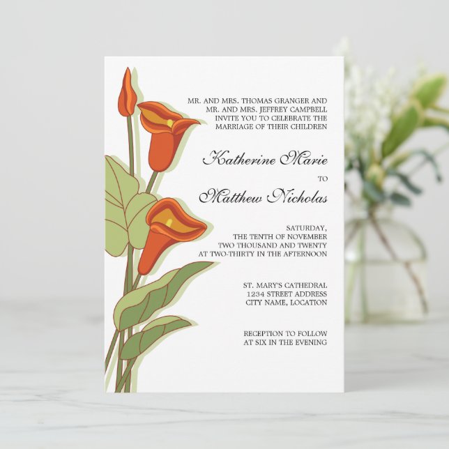 Invitation Elégante Calla Lily en Mariage orange (Debout devant)