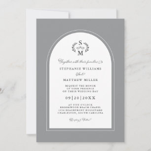 Invitation Élégante Calligraphie Arche Crest Mariage gris bla