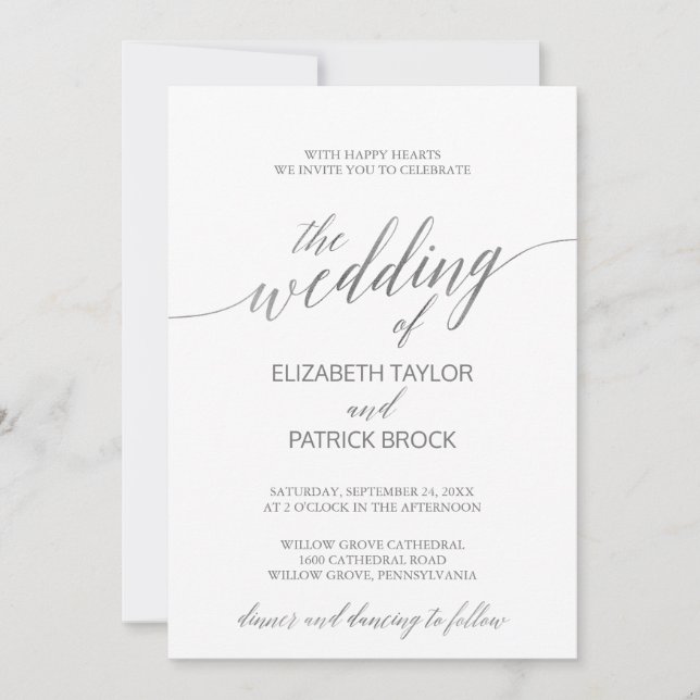 Invitation Élégante Calligraphie Argent Le Mariage De (Devant)