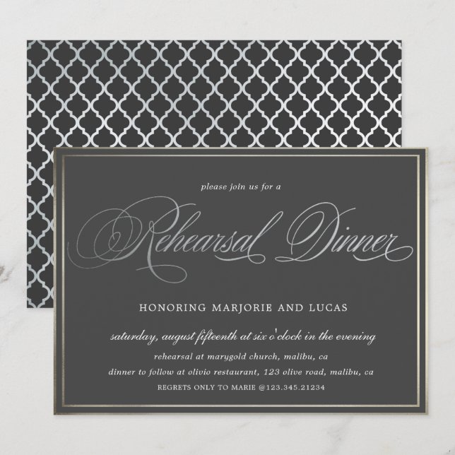 Invitation élégante calligraphie argent Reprendre Dîner (Devant / Derrière)
