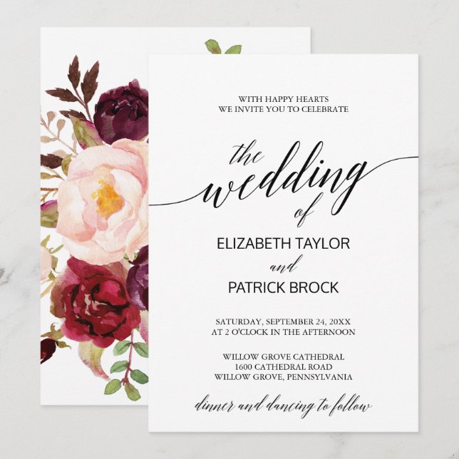 Invitation Élégante calligraphie avec Mariage d'emballage flo (Devant / Derrière)
