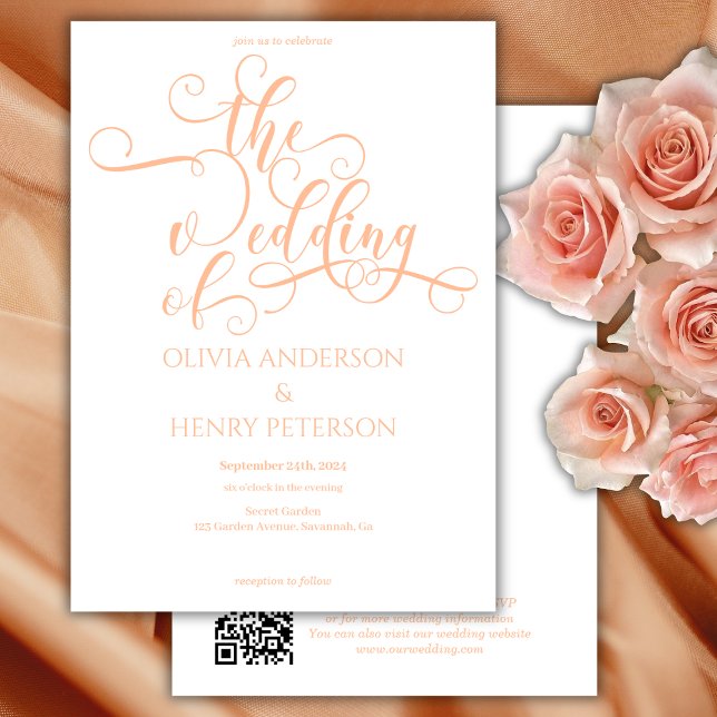Invitation Élégante calligraphie blanc Pêche Mariage QR Code (Créateur téléchargé)
