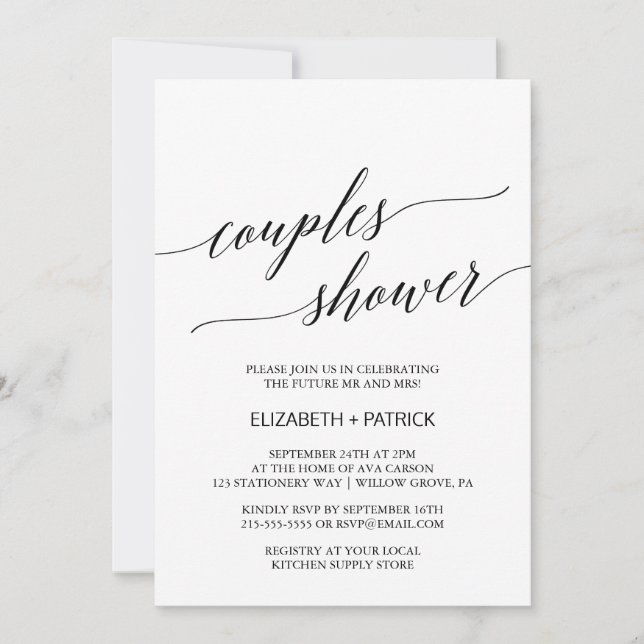 Invitation Elégante calligraphie blanche et noire Couples Dou (Devant)