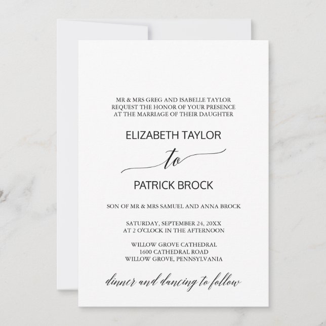 Invitation Élégante calligraphie blanche et noire Mariage off (Devant)