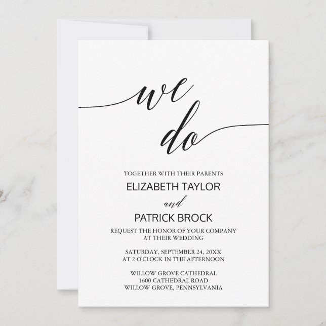 Invitation Élégante calligraphie blanche noire "We Do" Mariag (Devant)