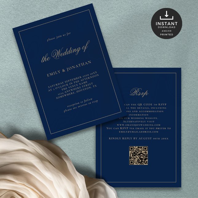 Invitation Élégante Calligraphie Champagne Mariage de la Mari (Front and back view)