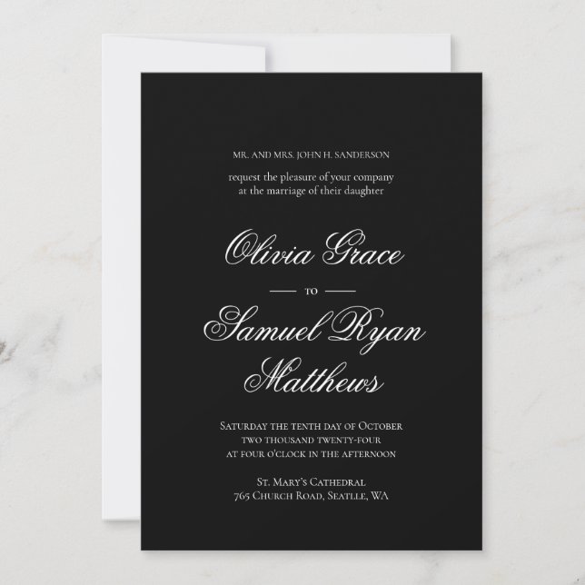 Invitation Élégante calligraphie Classique Blanc Noir Mariage (Devant)