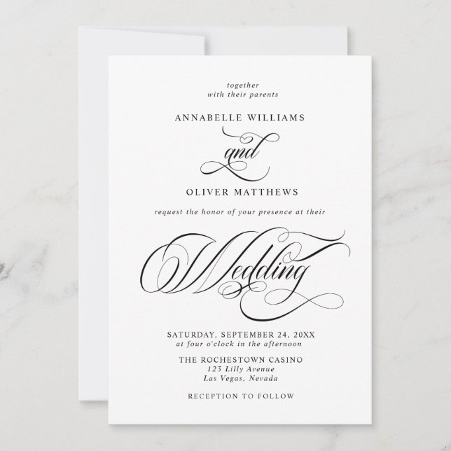 Invitation Élégante calligraphie classique Mariage noir et bl (Devant)
