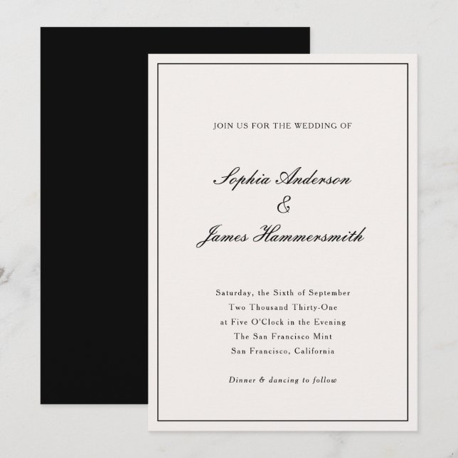 Invitation Elégante Calligraphie Crème Blanc Noir Mariage (Devant / Derrière)