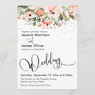 Invitation Élégante calligraphie de mariage Floral & Gold Con