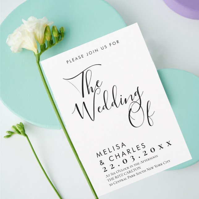 Invitation Élégante calligraphie de script noir et blanc (Trendy modern black script on white background wedding invitation)