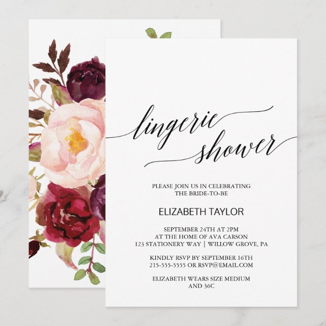 Invitation Élégante calligraphie | Douche à lingerie florale (Devant / Derrière)
