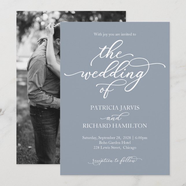 Invitation Élégante calligraphie Dusty Blue Mariage (Devant / Derrière)