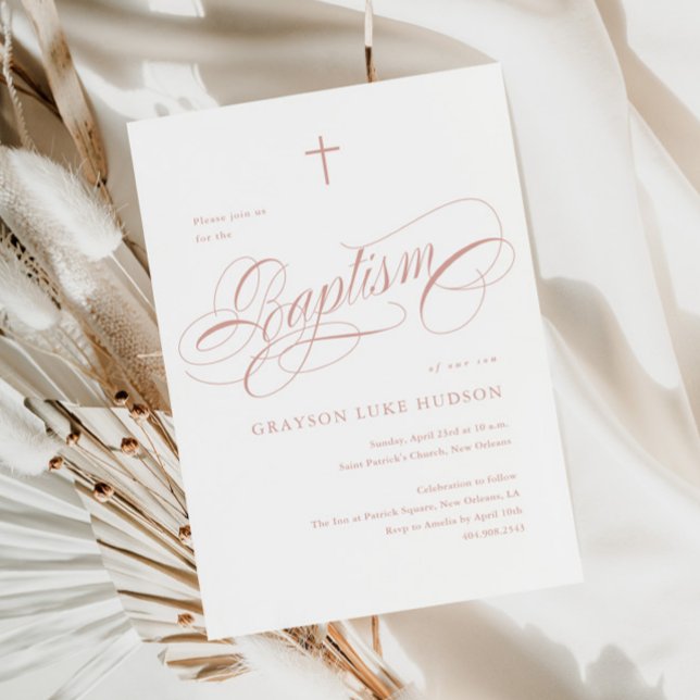 Invitation Élégante calligraphie Dusty Rose Girls Baptême (Créateur téléchargé)