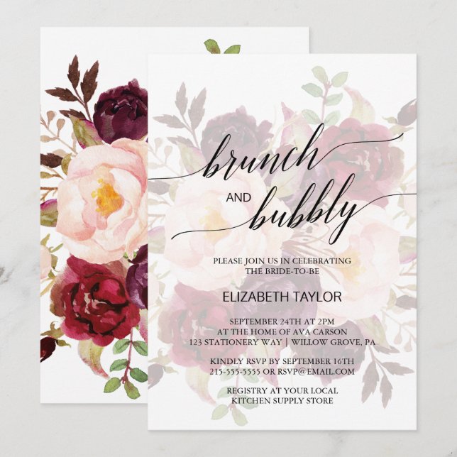 Invitation Élégante calligraphie | Faded Floral Brunch & Bubb (Devant / Derrière)