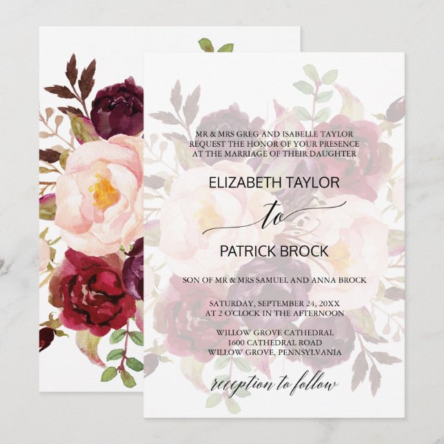 Invitation Élégante calligraphie | Faded Floral Foral Mariage (Devant / Derrière)
