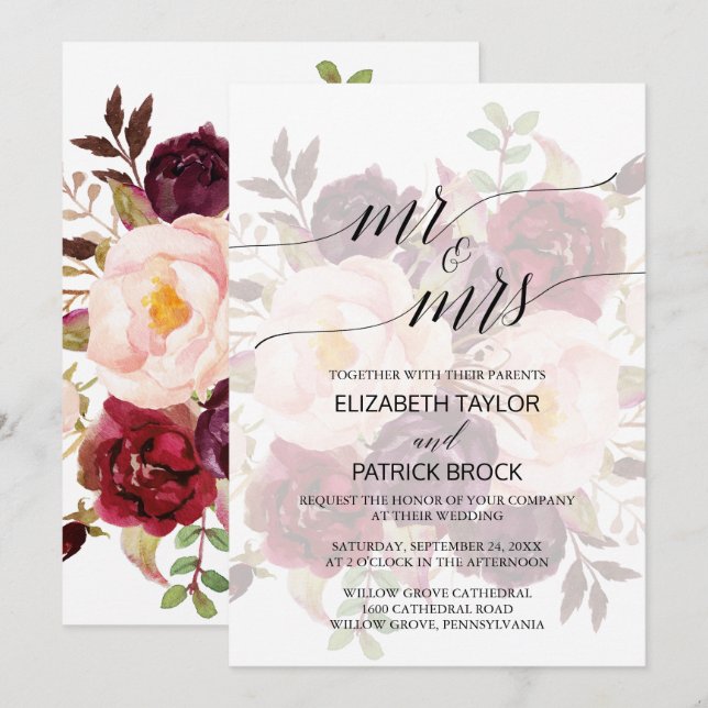 Invitation Élégante calligraphie Faded Floral Mr & Mrs Mariag (Devant / Derrière)