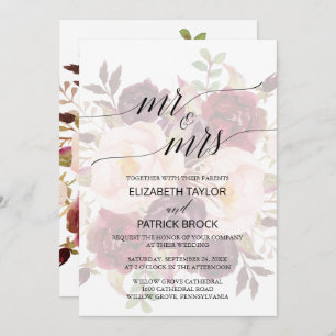 Invitation Élégante calligraphie Faded Floral Mr & Mrs Mariag