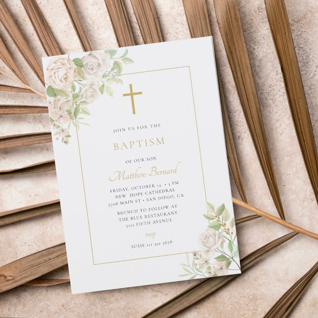 Invitation Élégante calligraphie Fleur Baptême (Créateur téléchargé)